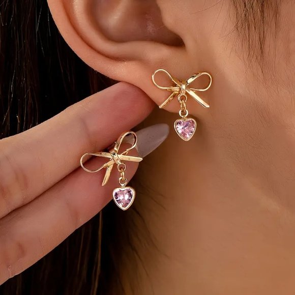 NEW Coquette Gold Bow Earrings Pink Heart Dangle Studs Cute Y2K Girly Jewelry - Picture 2 of 4